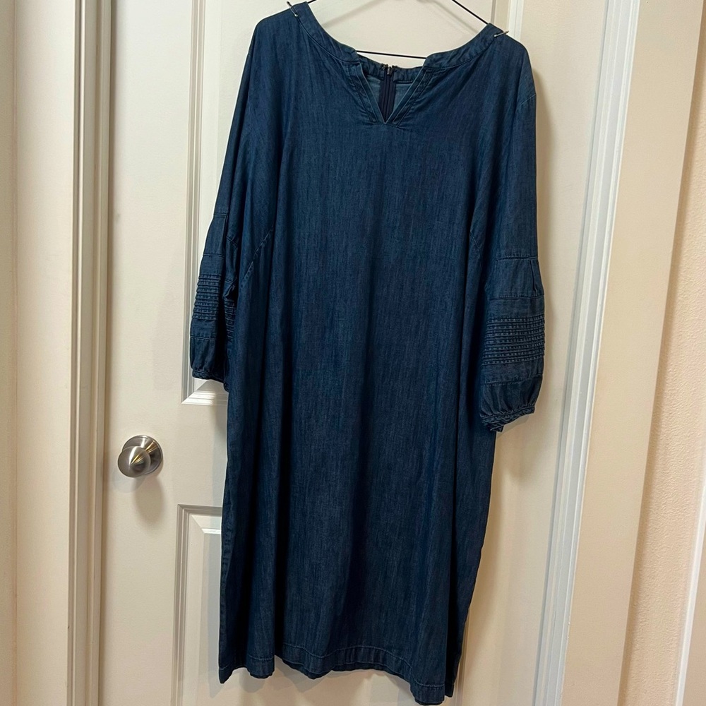 Talbots Woman Petites 22WP Chambray Denim Shift Dress Puff Sleeve
